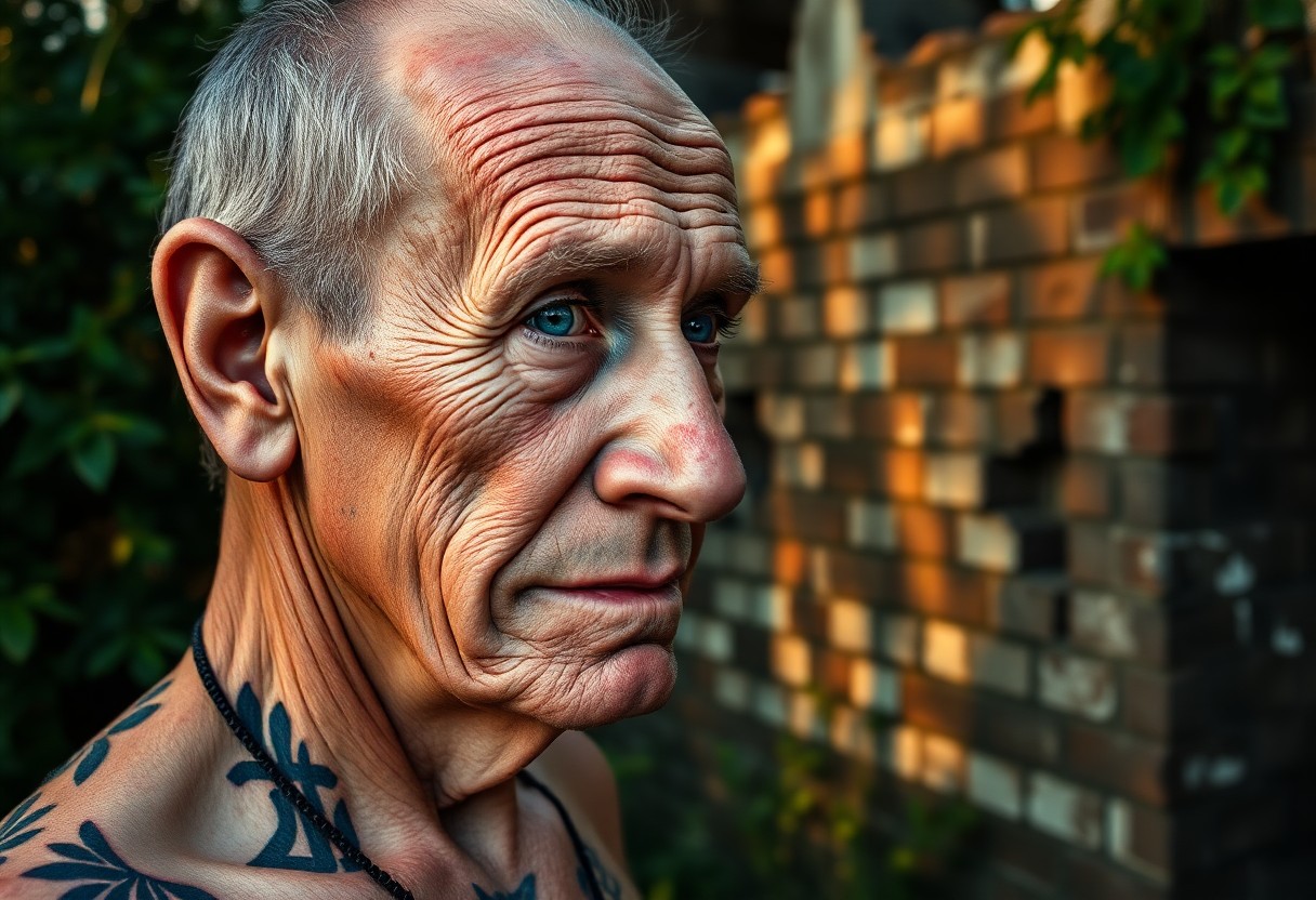 AI generated art for prompt: A photorealistic portrait captures the intricate details of an aged face adorned with tattoos, set a