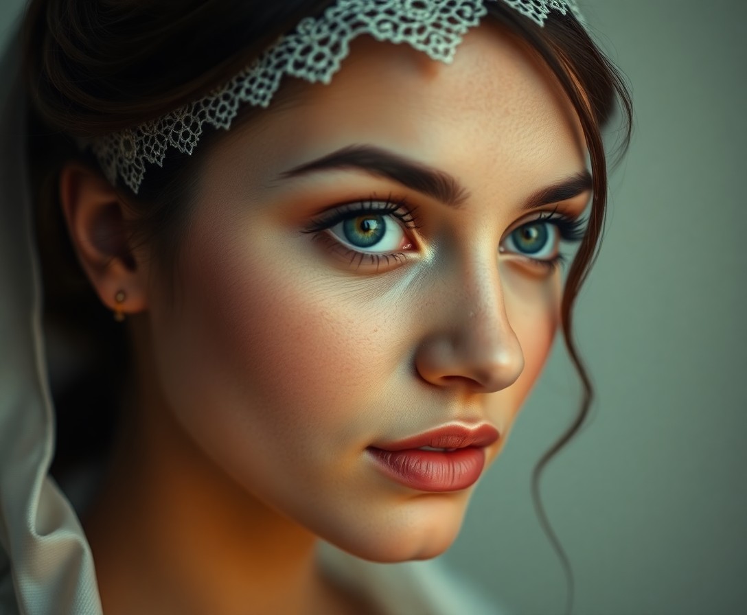 AI generated art for prompt: Imagine a captivating close-up portrait of a young Middle Eastern woman with cloudy green eyes, rosy