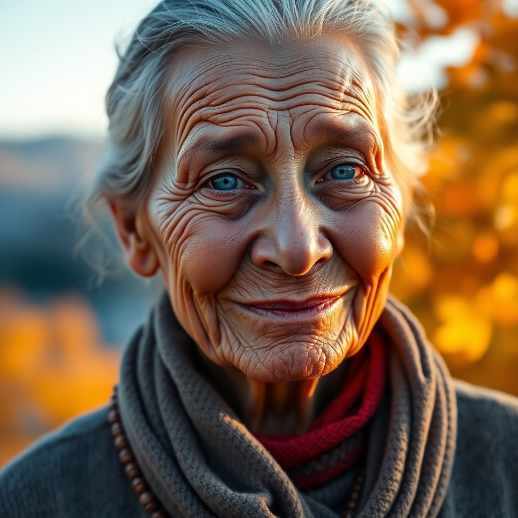 AI generated art for prompt: Create an ultra-realistic portrait of an elderly Andean woman, her face a map of lived experience wi