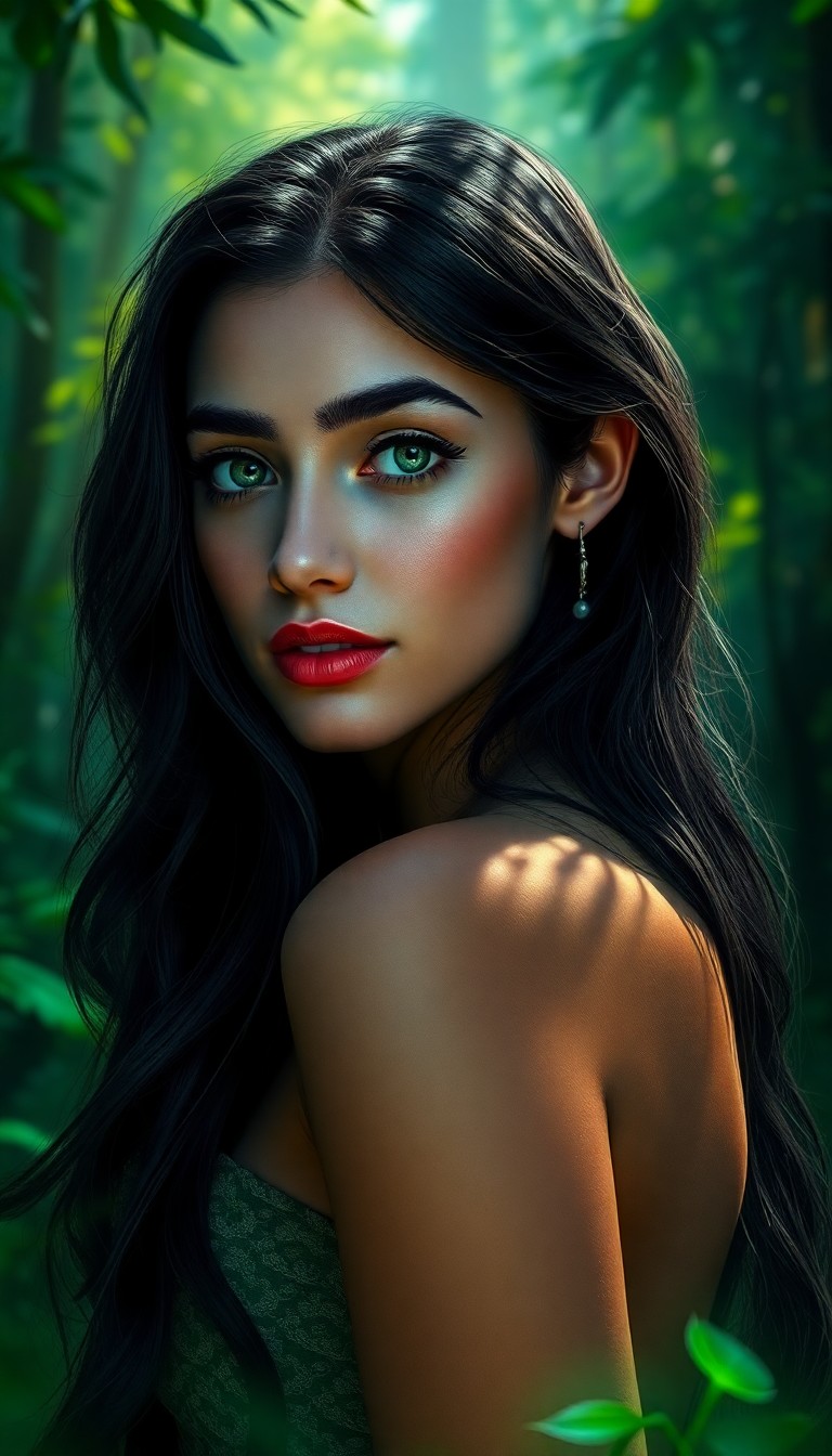 AI generated art for prompt: A photorealistic portrait of a Hispanic woman with porcelain skin, captivating emerald eyes, and flo