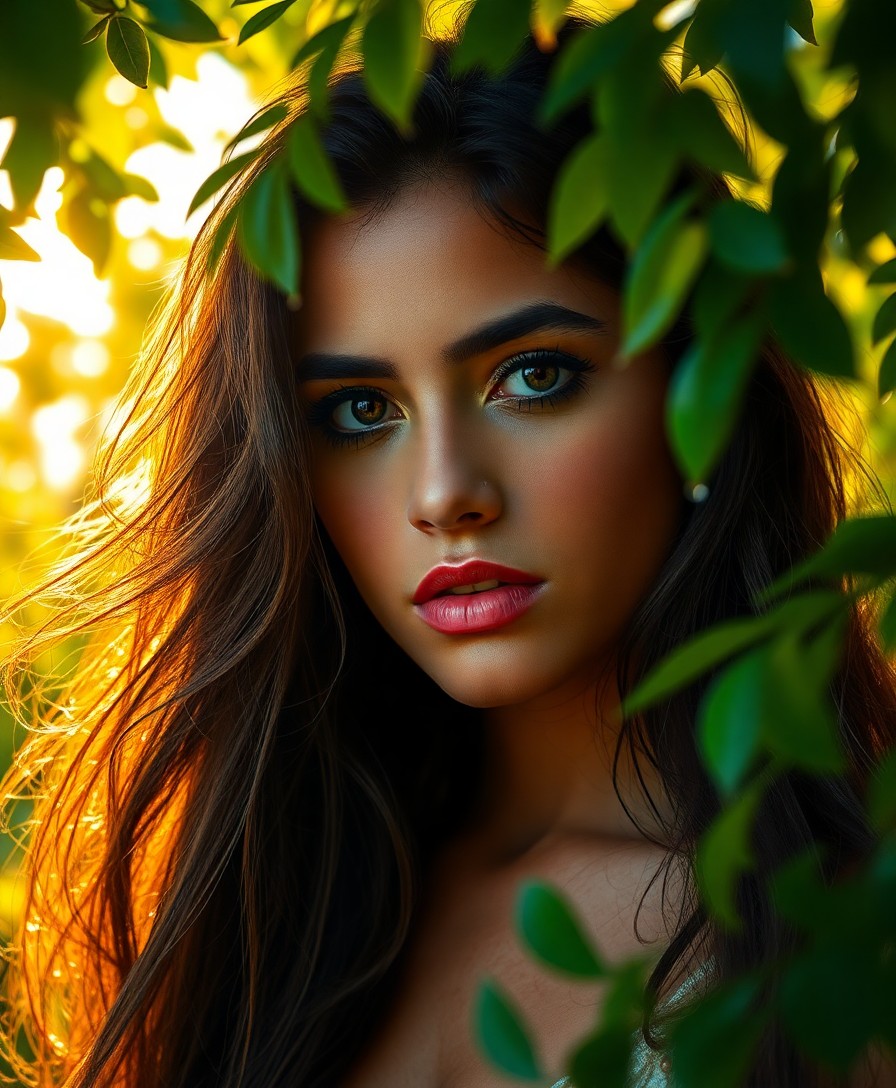 AI generated art for prompt: Craft a captivating portrait photograph of a young Latin American woman with long, flowing hair. Gol