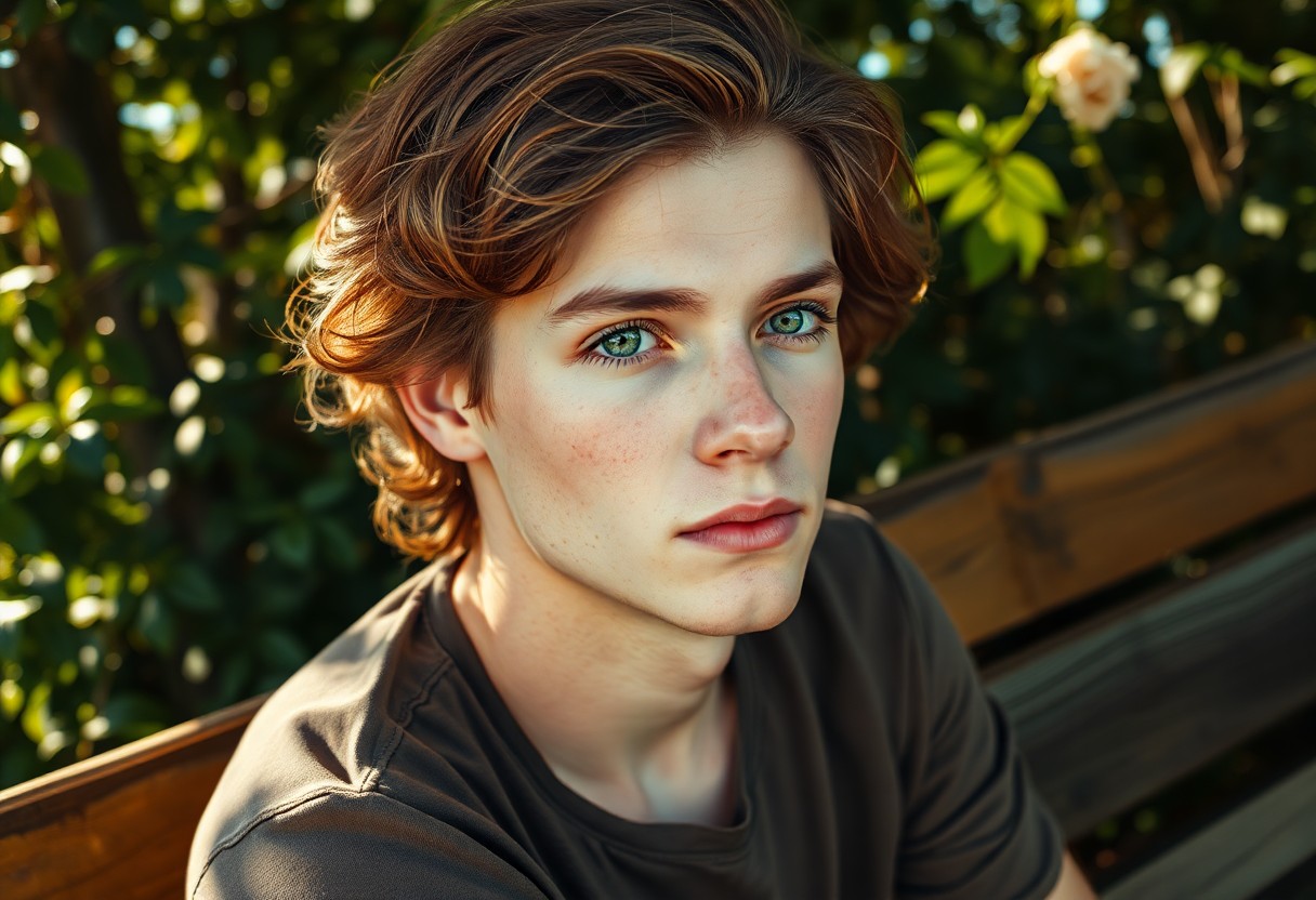 AI generated art for prompt: A hyperrealistic portrait of a young Eastern European man with soft, green eyes, a sun-kissed comple