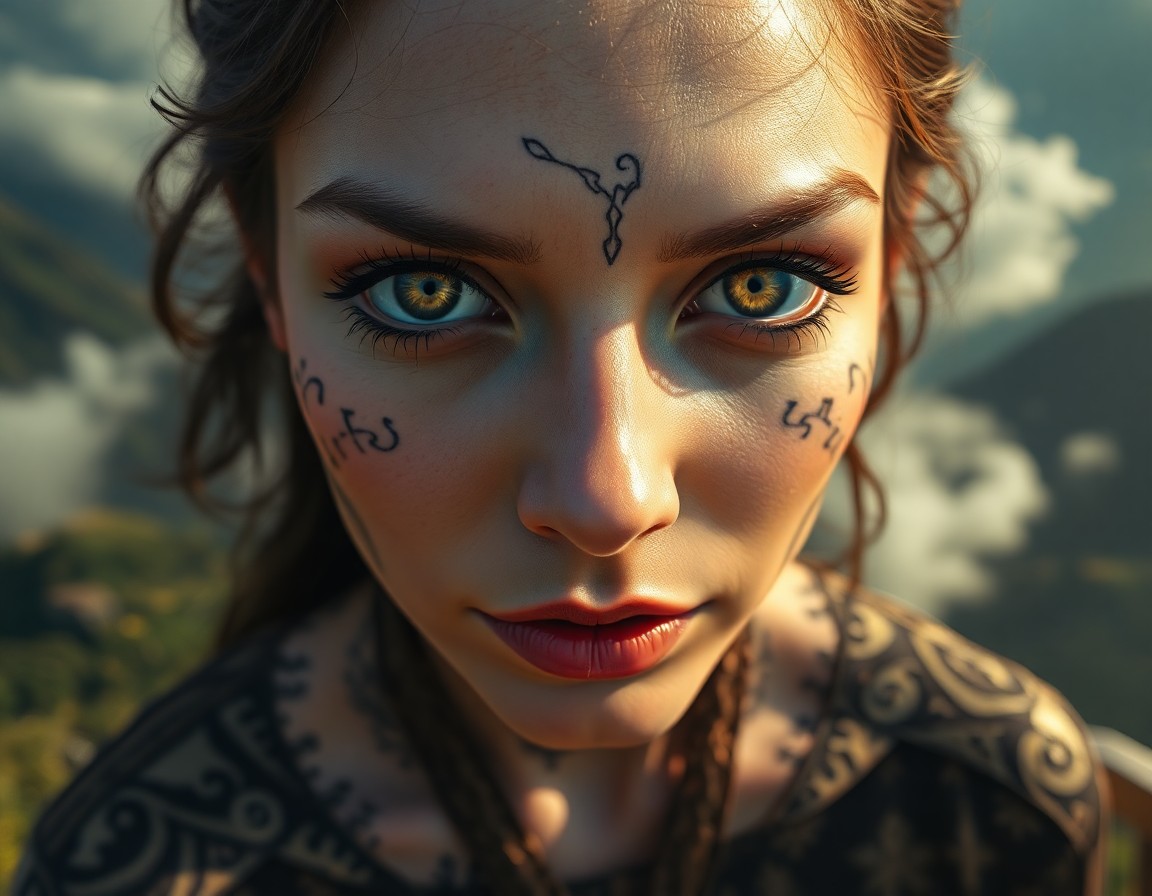 AI generated art for prompt: A striking superrealistic portrait captures a unique bird's-eye view of a Western European woman. Sh