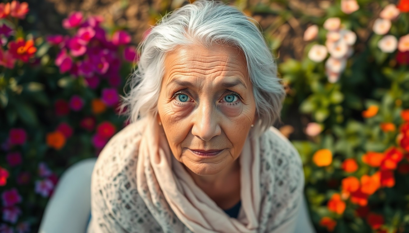 AI generated art for prompt: A portrait photograph captures an elderly Pacific Islander woman with wise, blue eyes and silver hai