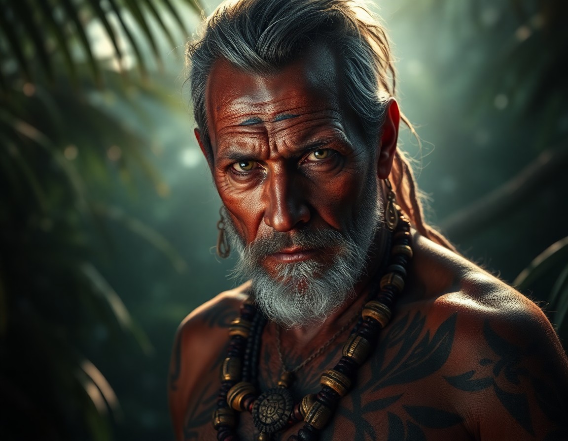 AI generated art for prompt: A hyper-realistic portrait of a middle-aged male tribal shaman, adorned with intricate tattoos and t