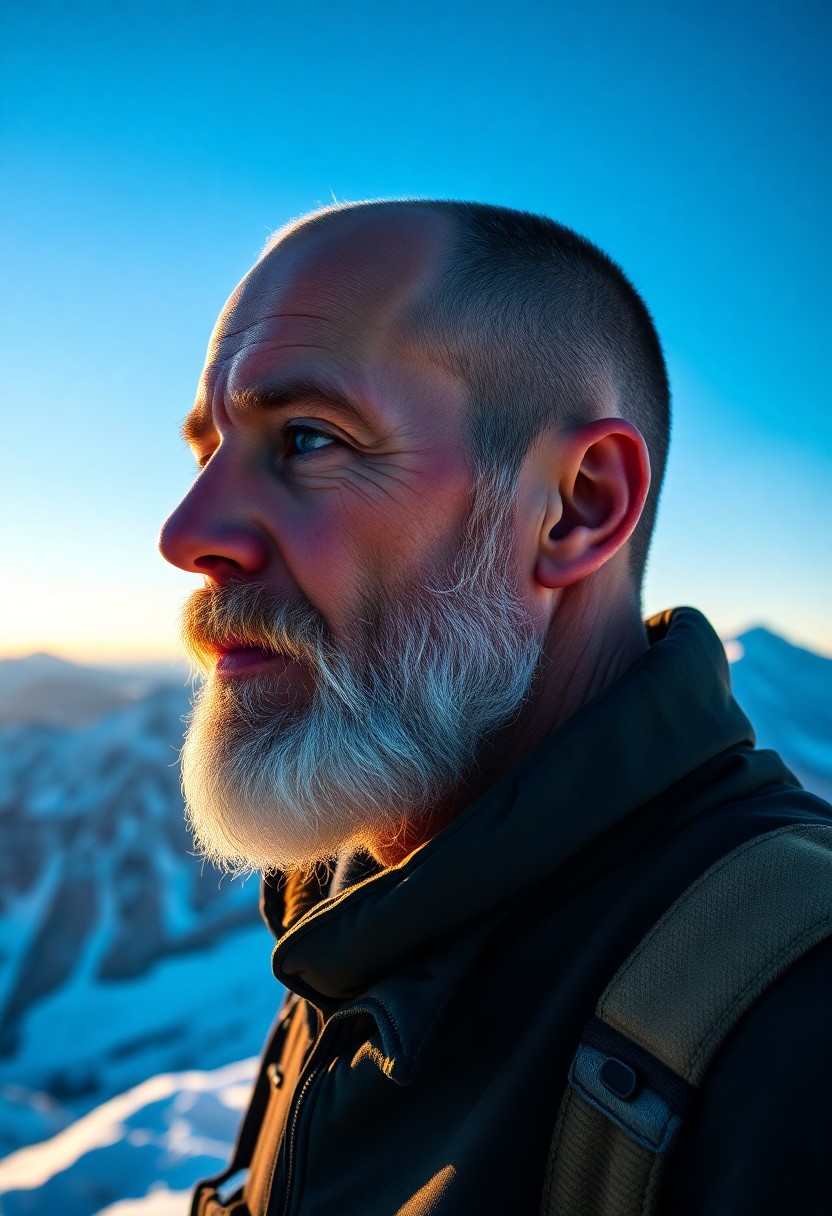 AI generated art for prompt: A portrait photograph captures the essence of a rugged yet refined mountain guide. He has serene blu