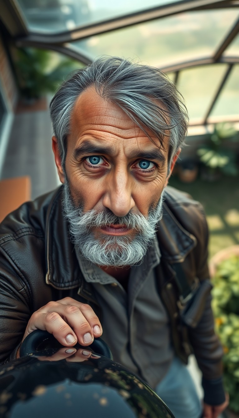 AI generated art for prompt: A photorealistic portrait of a middle-aged Middle Eastern man with rugged features, hazy blue eyes, 