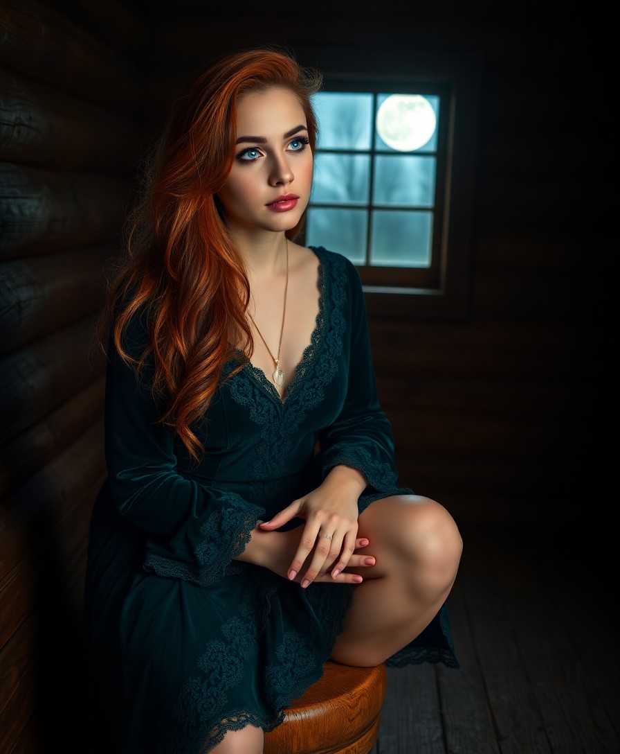 AI generated art for prompt: A Middle Eastern woman with enigmatic, kind blue eyes and flowing red hair sits in a dimly lit cabin