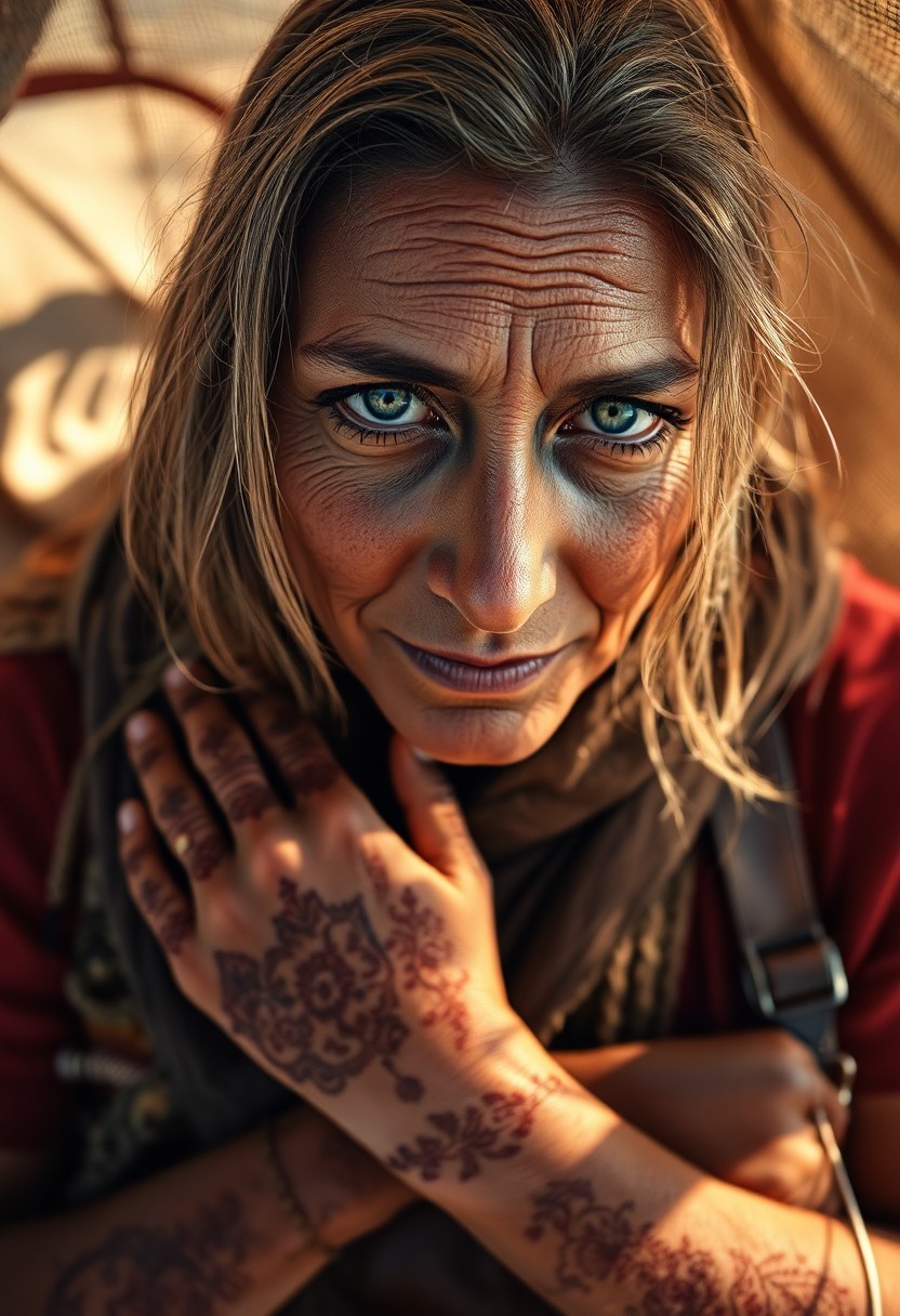 AI generated art for prompt: Imagine an ultra-realistic portrait capturing the essence of a seasoned nomad. Weathered skin tells 