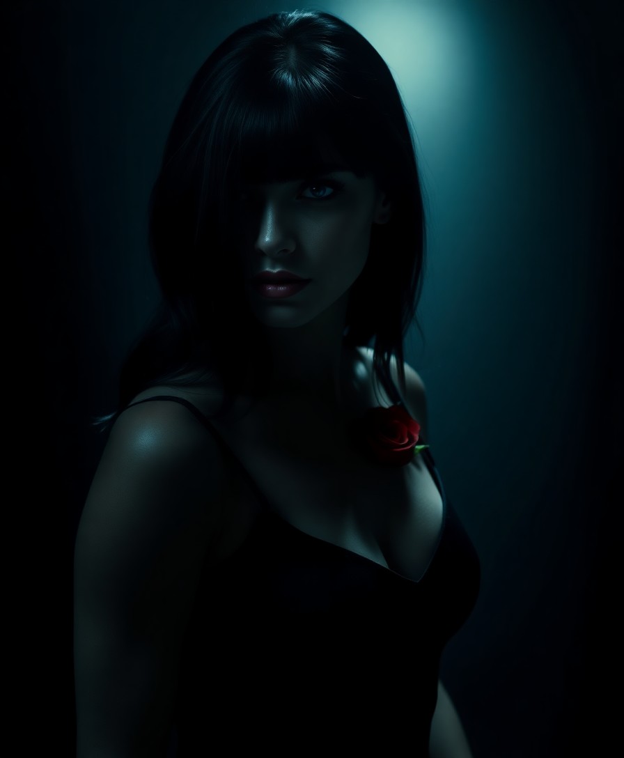 AI generated art for prompt: Create a neo-noir styled portrait of an enigmatic Amazonian woman. She has docile blue eyes and rave