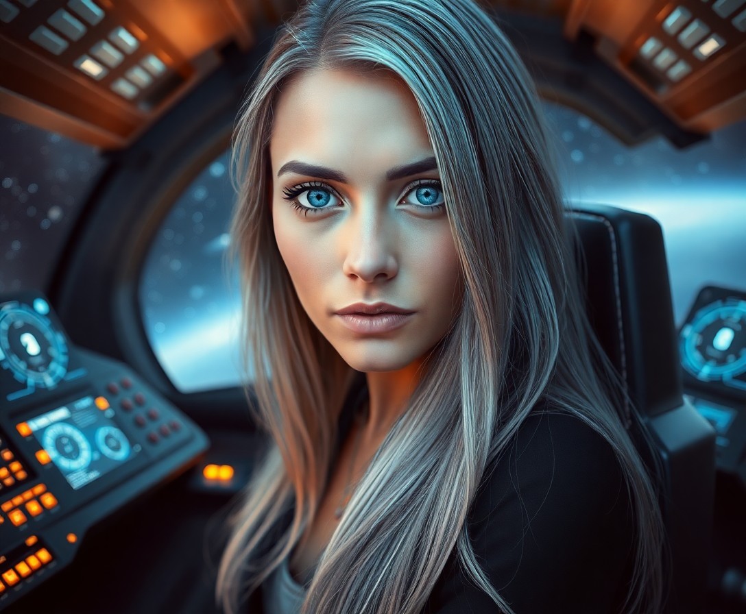 AI generated art for prompt: Imagine a super-realistic portrait of an enigmatic female time traveler. She has serene blue eyes, h