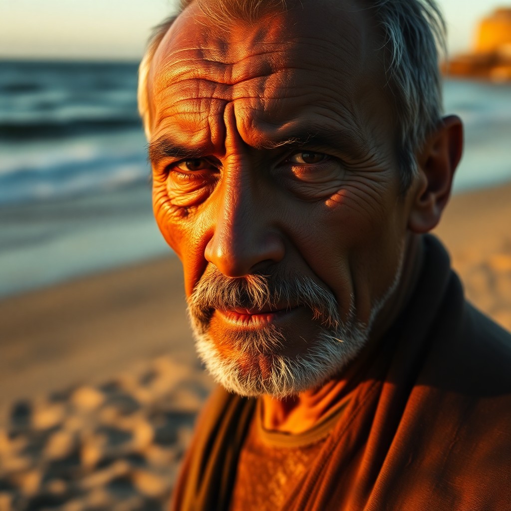 AI generated art for prompt: Create a close-up portrait of a middle-aged Central Asian man with a rugged, sun-weathered face, his