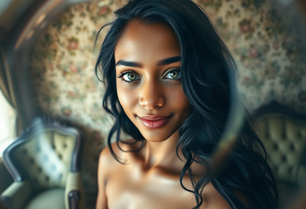 AI generated art for prompt: A highly detailed portrait photograph captures a young Melanesian woman with docile green eyes and r