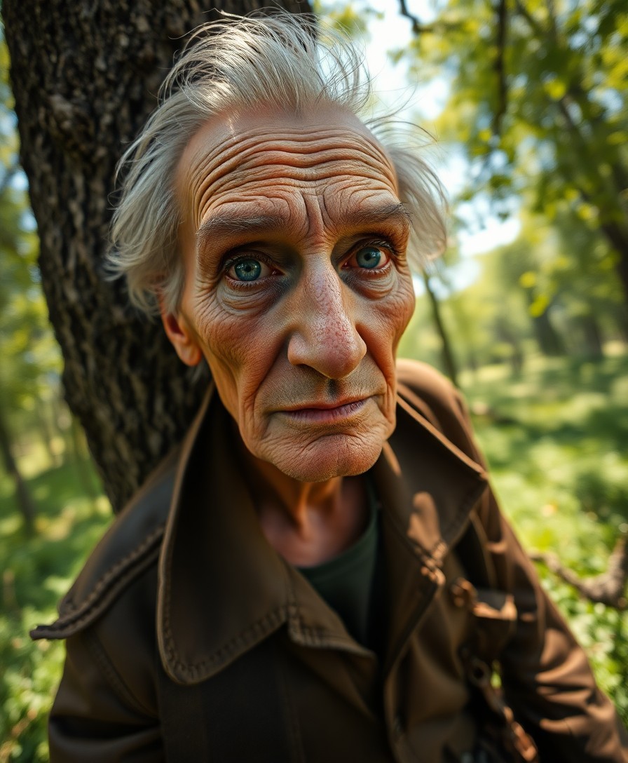 AI generated art for prompt: Craft a hyperrealistic portrait of an aged wanderer with sun-faded skin and serene blue eyes, captur