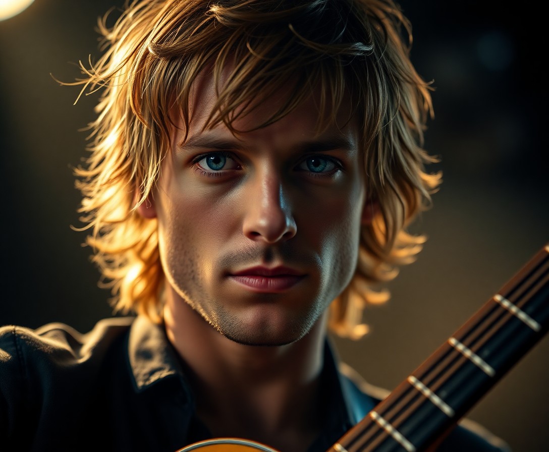 AI generated art for prompt: Create a hyperrealistic portrait of a charismatic musician with tousled hair, tender blue eyes, and 