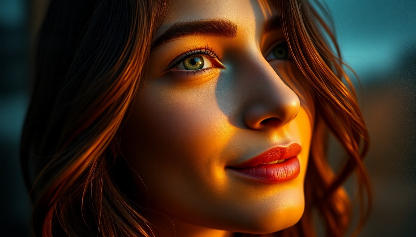 AI generated art for prompt: Create a super-realistic portrait of a young Latin American woman with soft, green eyes, a warm, sun