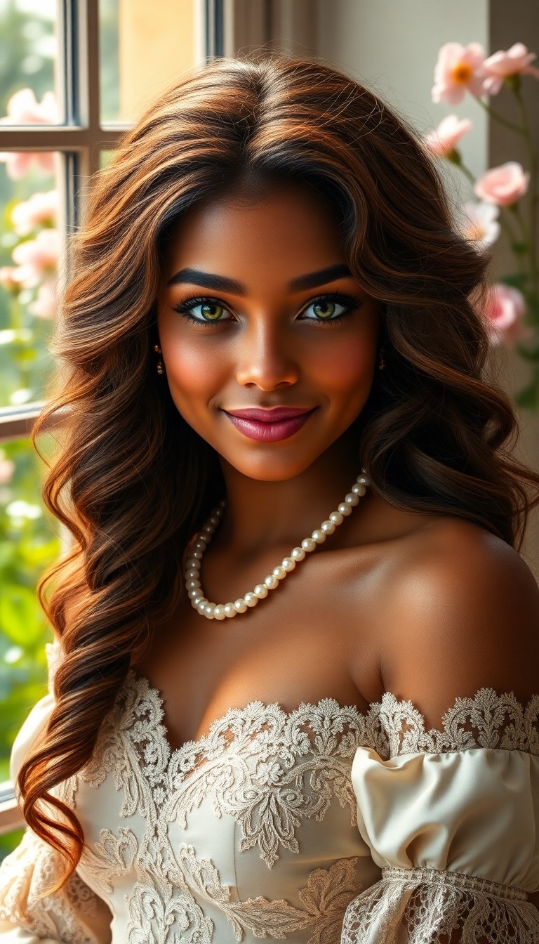 AI generated art for prompt: Create a photorealistic portrait of a young Caribbean woman with long, wavy chestnut hair and tender