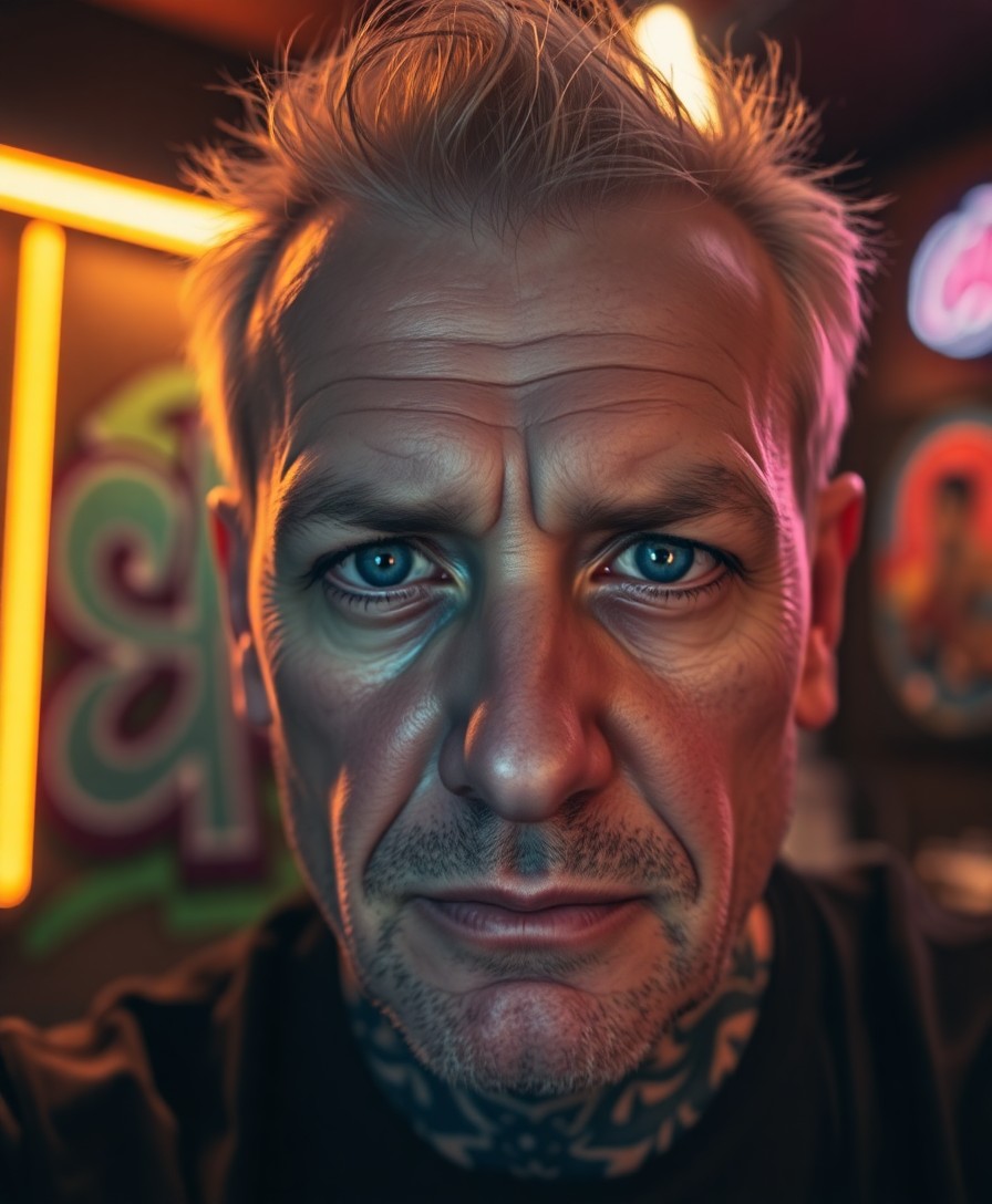 AI generated art for prompt: A portrait photograph captures the intense gaze of a tattoo artist, illuminated by the warm glow of 