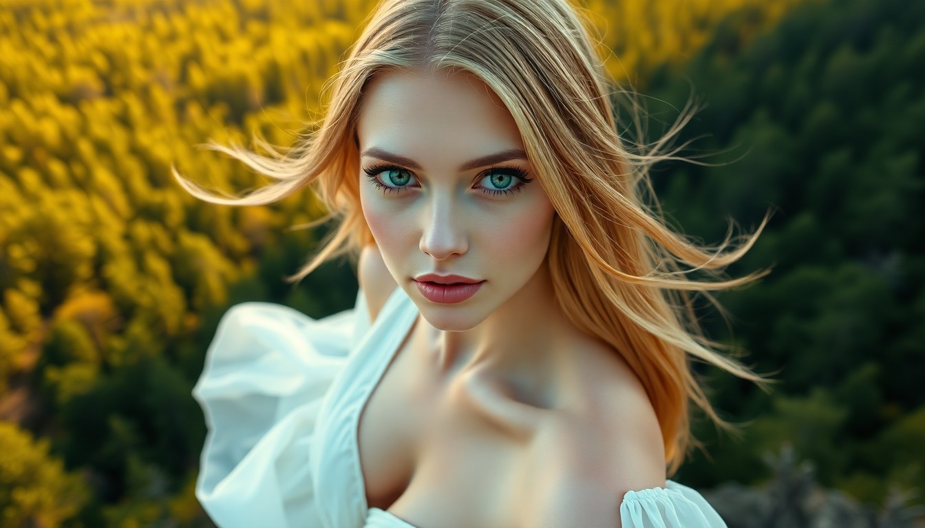 AI generated art for prompt: A highly realistic portrait captures the enigmatic expression of a Nordic woman. Her serene green ey