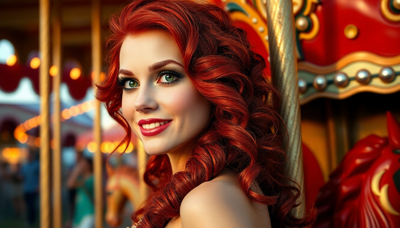 AI generated art for prompt: Imagine an ultra-realistic portrait of a mesmerizing circus performer with vibrant, rich red hair in