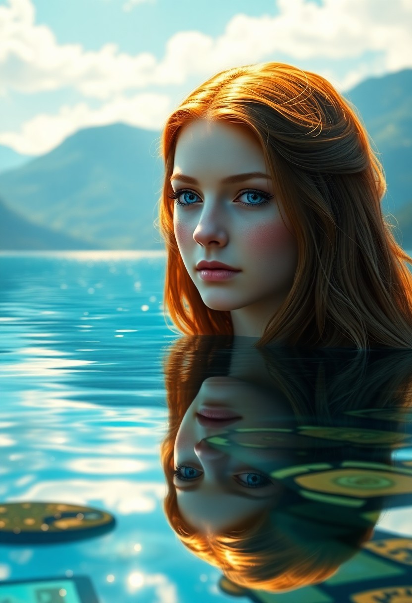 AI generated art for prompt: Create a photorealistic portrait of a Celtic woman with serene blue eyes, an enigmatic figure set ag