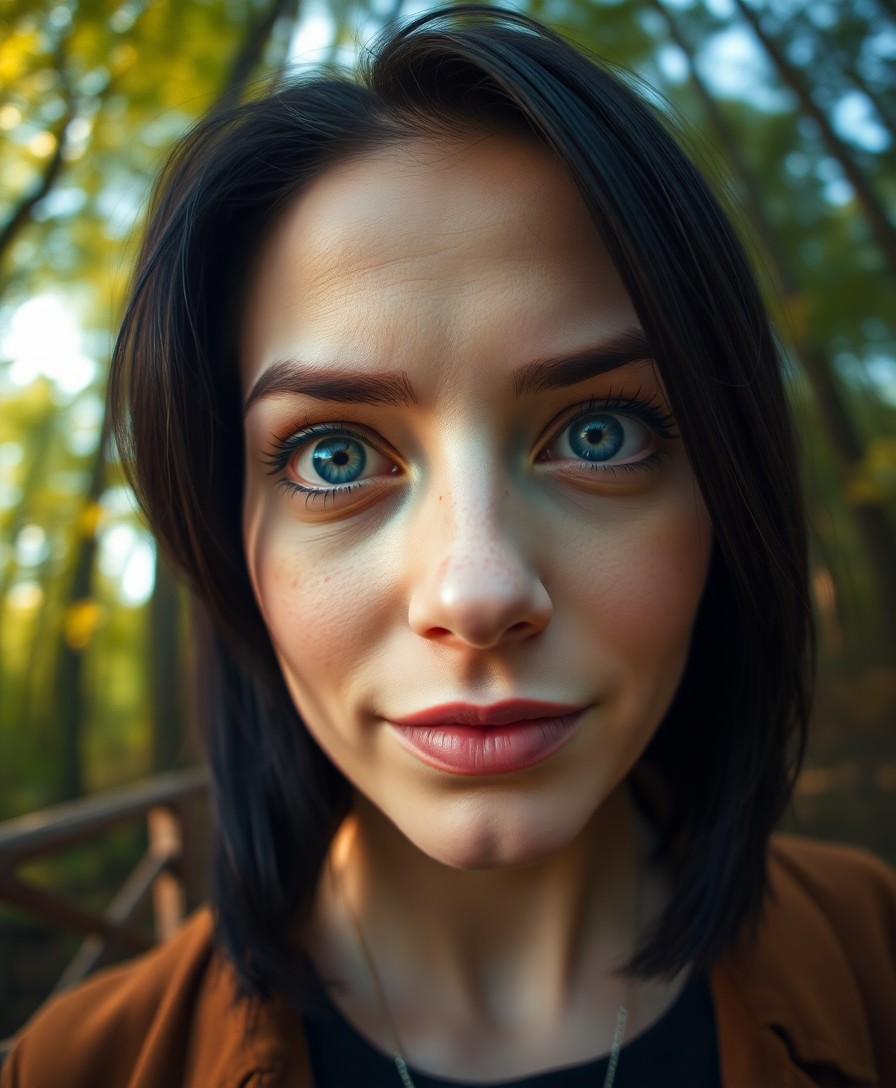 AI generated art for prompt: Capture an unconventional 'worm's-eye view' portrait of a Western European woman with shy, blue eyes