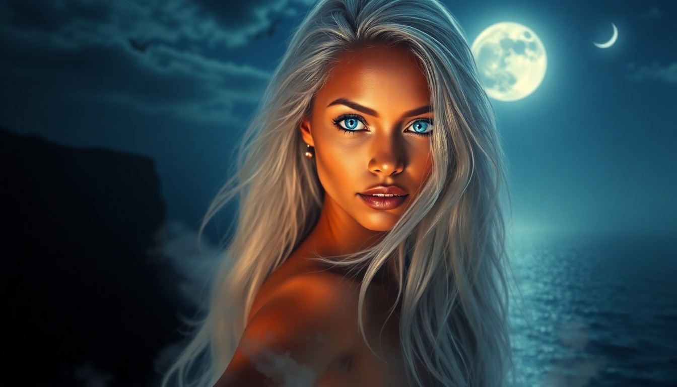 AI generated art for prompt: Create a surreal digital art piece depicting a mysterious Caribbean woman with warm blue eyes and lo