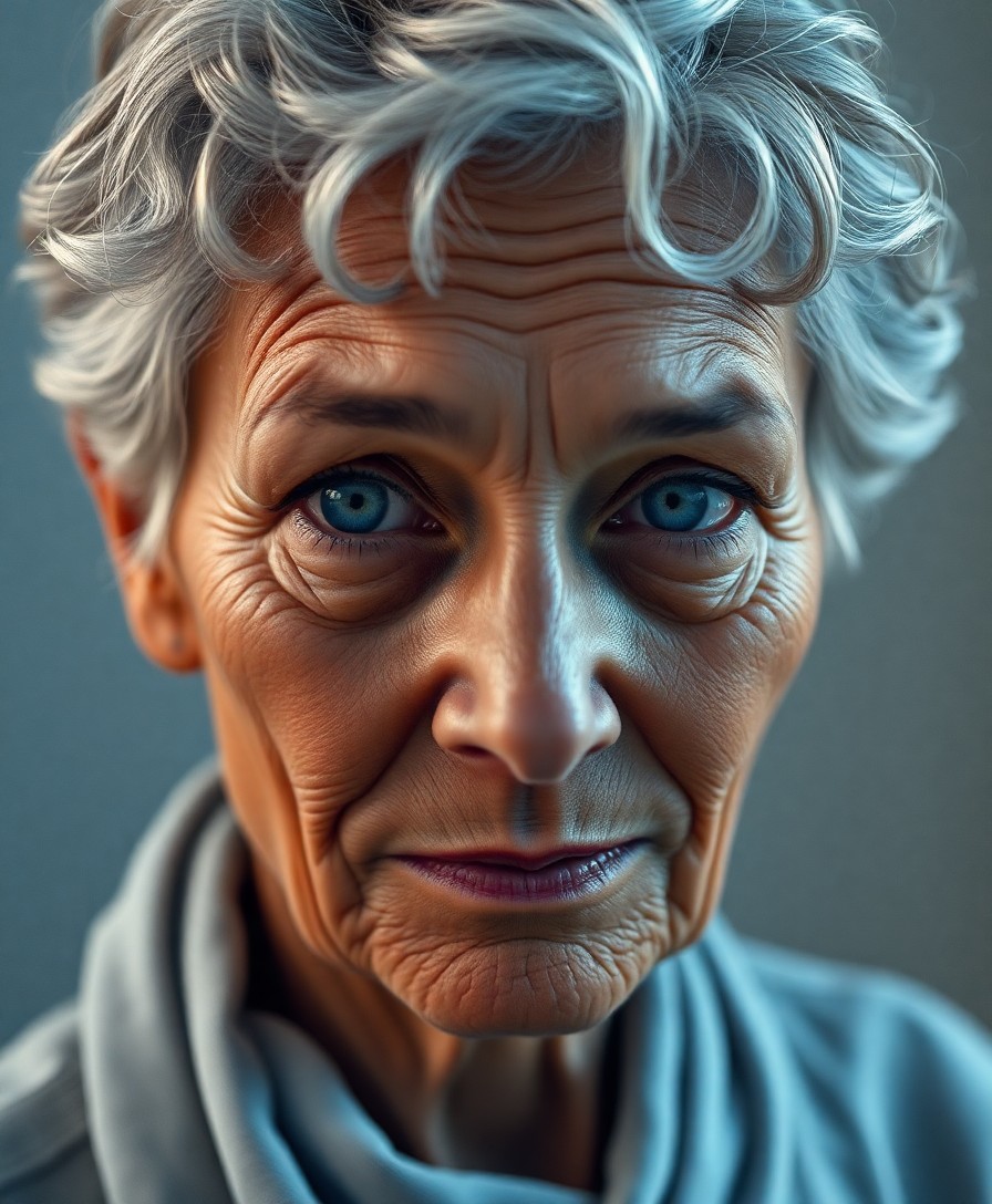 AI generated art for prompt: Create a hyperrealistic portrait of a middle-aged Amazonian woman with deep blue eyes and a short, s