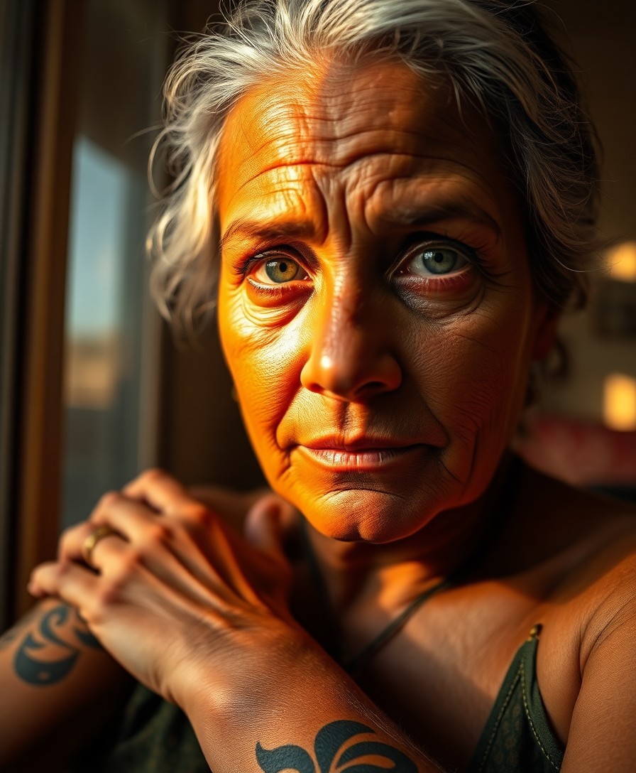 AI generated art for prompt: A captivating photorealistic portrait depicts a middle-aged Aboriginal woman with mesmerizing green 