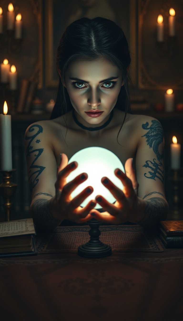 AI generated art for prompt: A captivating portrait photograph showcases an enigmatic seer with warm blue eyes and intricate tatt