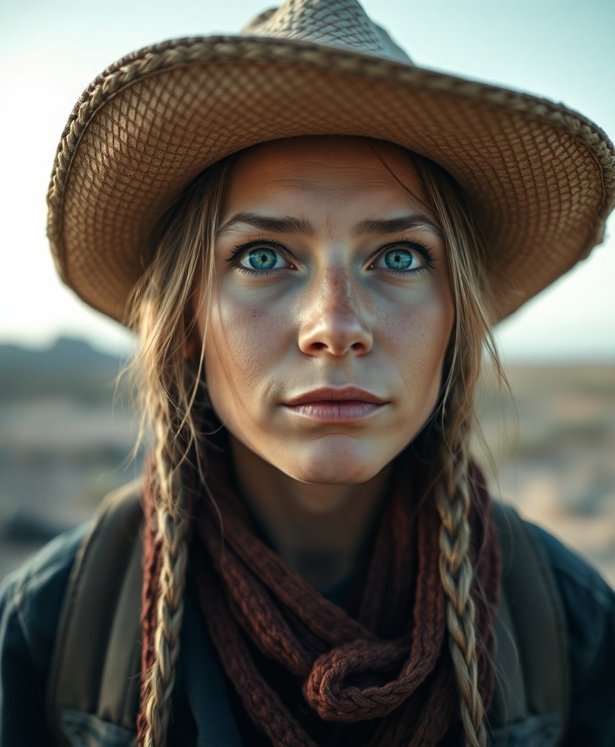 AI generated art for prompt: Craft a photorealistic portrait of an experienced nomad with sun-kissed skin and gentle blue eyes, t