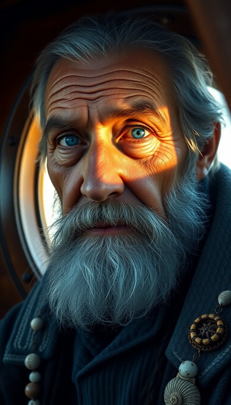 AI generated art for prompt: A photorealistic portrait depicts an aged sea captain with melancholic blue eyes and a graying beard