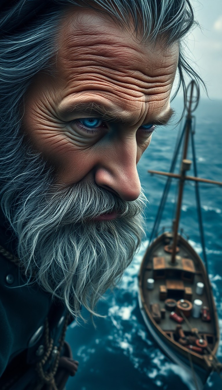 AI generated art for prompt: A hyperrealistic portrait of a weathered sea captain reveals deep crevasses on his face and misty bl