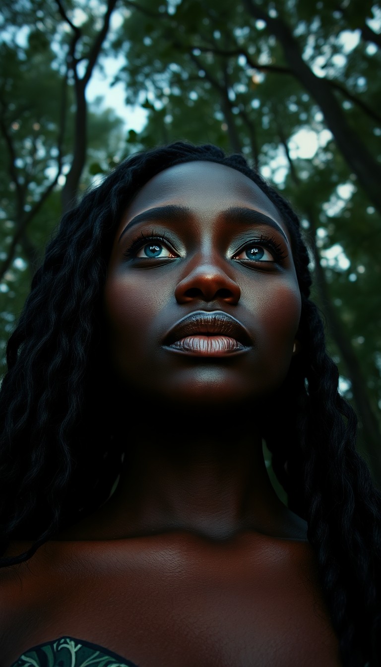 AI generated art for prompt: Envision an enchanting portrait of an African woman with captivating blue eyes and lustrous jet-blac