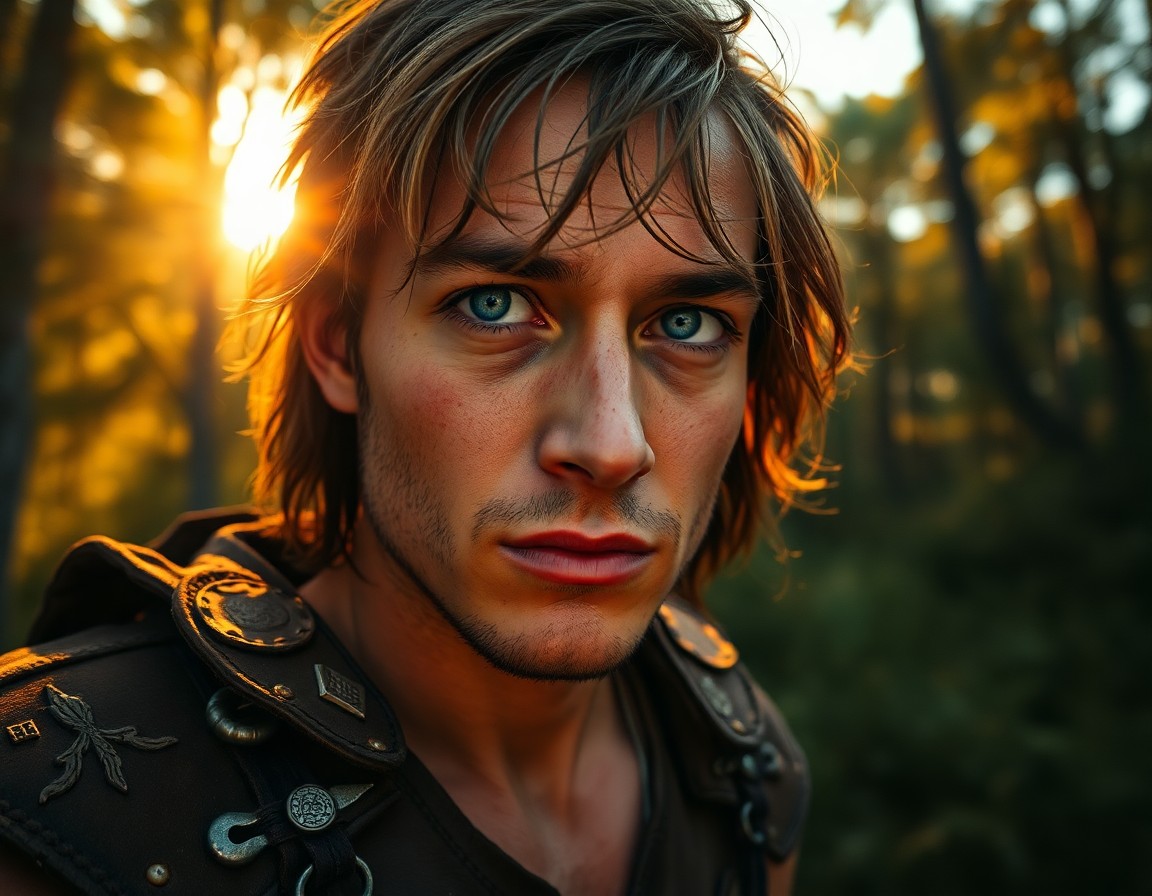 AI generated art for prompt: A photorealistic portrait of an adventurer with sun-kissed skin and piercing blue eyes exudes a sens