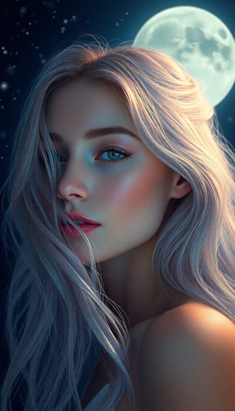 AI generated art for prompt: A photorealistic portrait captures a celestial muse's ethereal grace, her iridescent hair cascading 