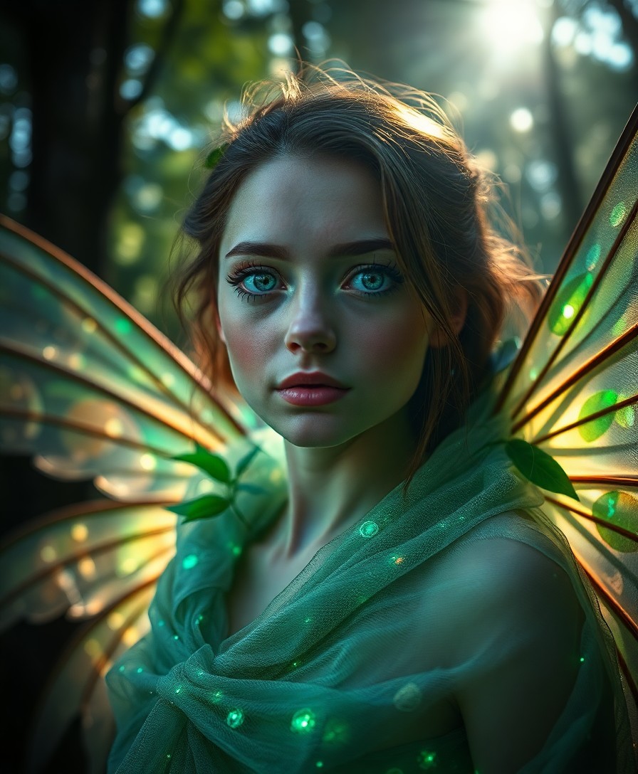 AI generated art for prompt: A portrait photograph captures the captivating gaze of a half-human, half-fae creature, her eyes hol