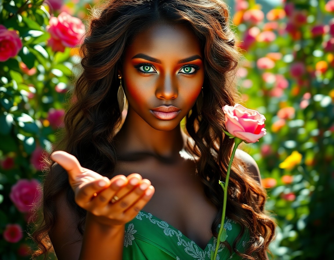 AI generated art for prompt: A captivating digital portrait showcases an exquisite Caribbean woman adorned with rich chestnut hai