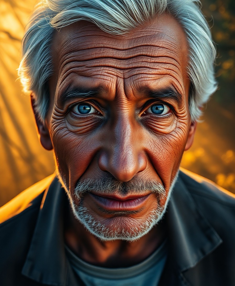 AI generated art for prompt: Craft a photorealistic portrait of an elderly Latin American man with deeply etched wrinkles and com