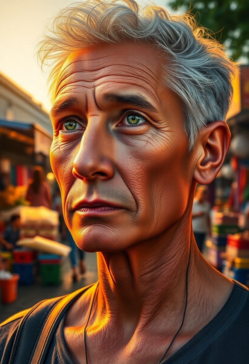 AI generated art for prompt: Craft a hyper-realistic portrait of an individual standing alone in a bustling market square at dawn