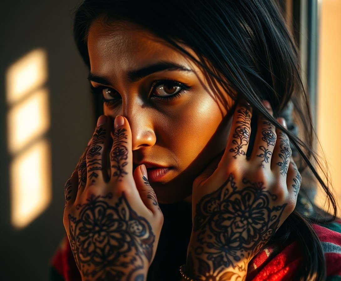 AI generated art for prompt: Craft an extreme close-up portrait of a North African woman adorned with intricate henna tattoos on 