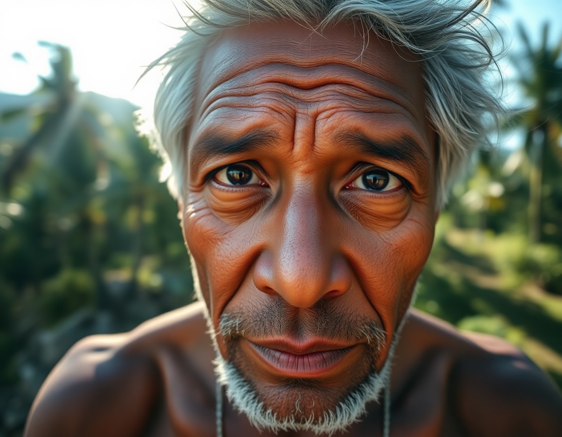 AI generated art for prompt: Craft an ultra-realistic portrait of a middle-aged Melanesian man with rugged features, deep-set eye