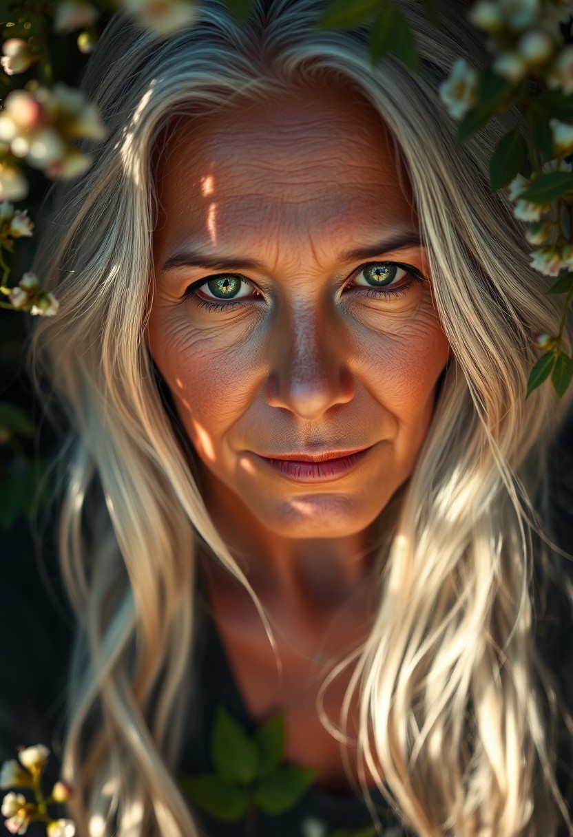 AI generated art for prompt: Craft a captivating portrait of a middle-aged Native American woman with piercing green eyes and flo