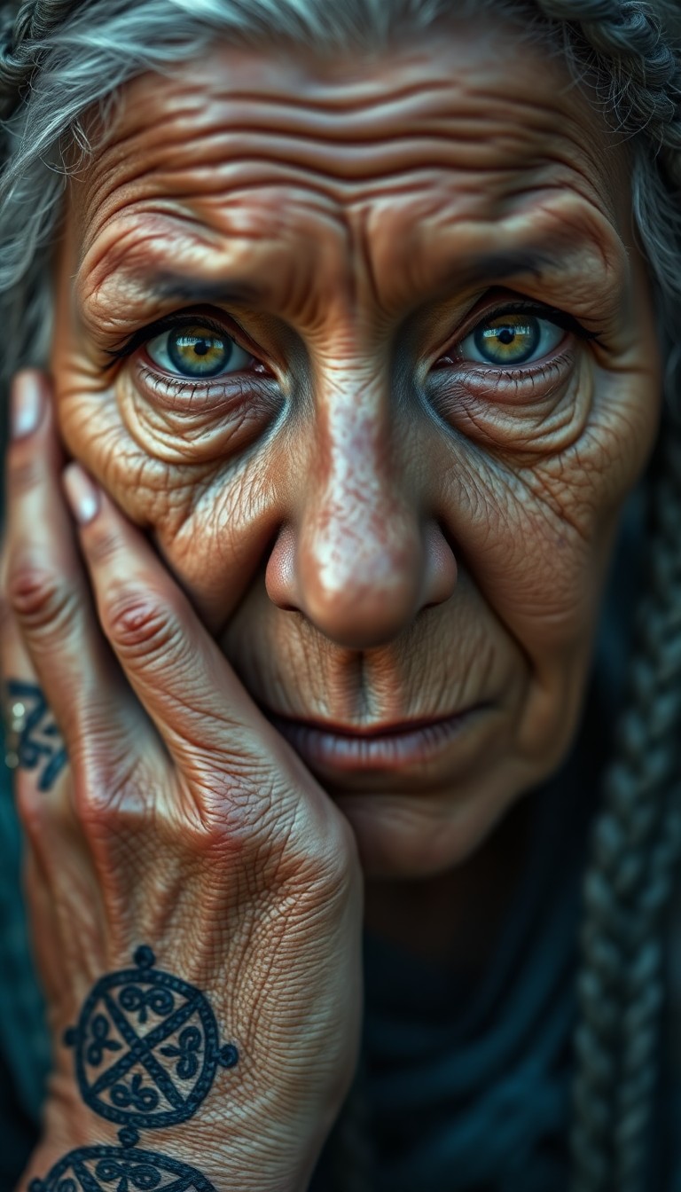 AI generated art for prompt: A hyperrealistic 3D render portrays an older Hispanic woman with wise green eyes and intricate Celti