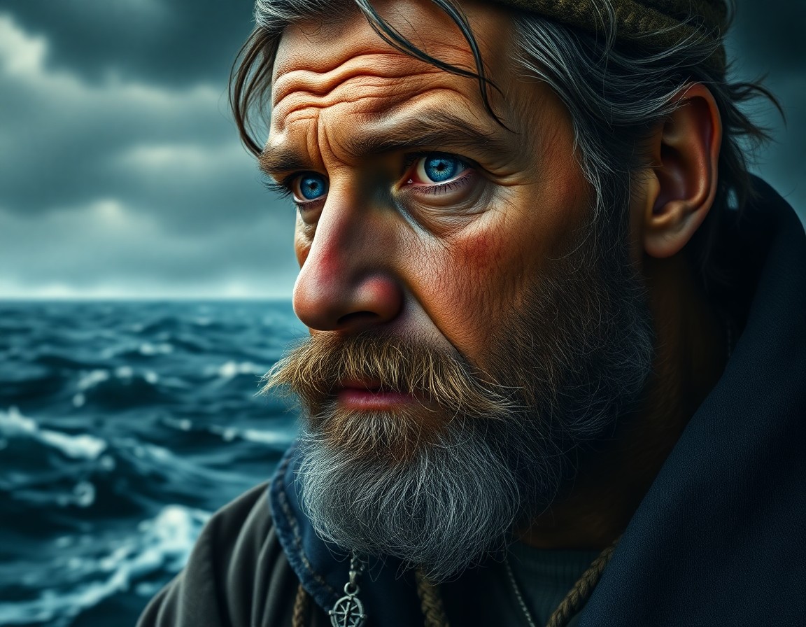 AI generated art for prompt: A highly detailed ultra-realistic portrait captures a weathered sailor with piercing blue eyes and a