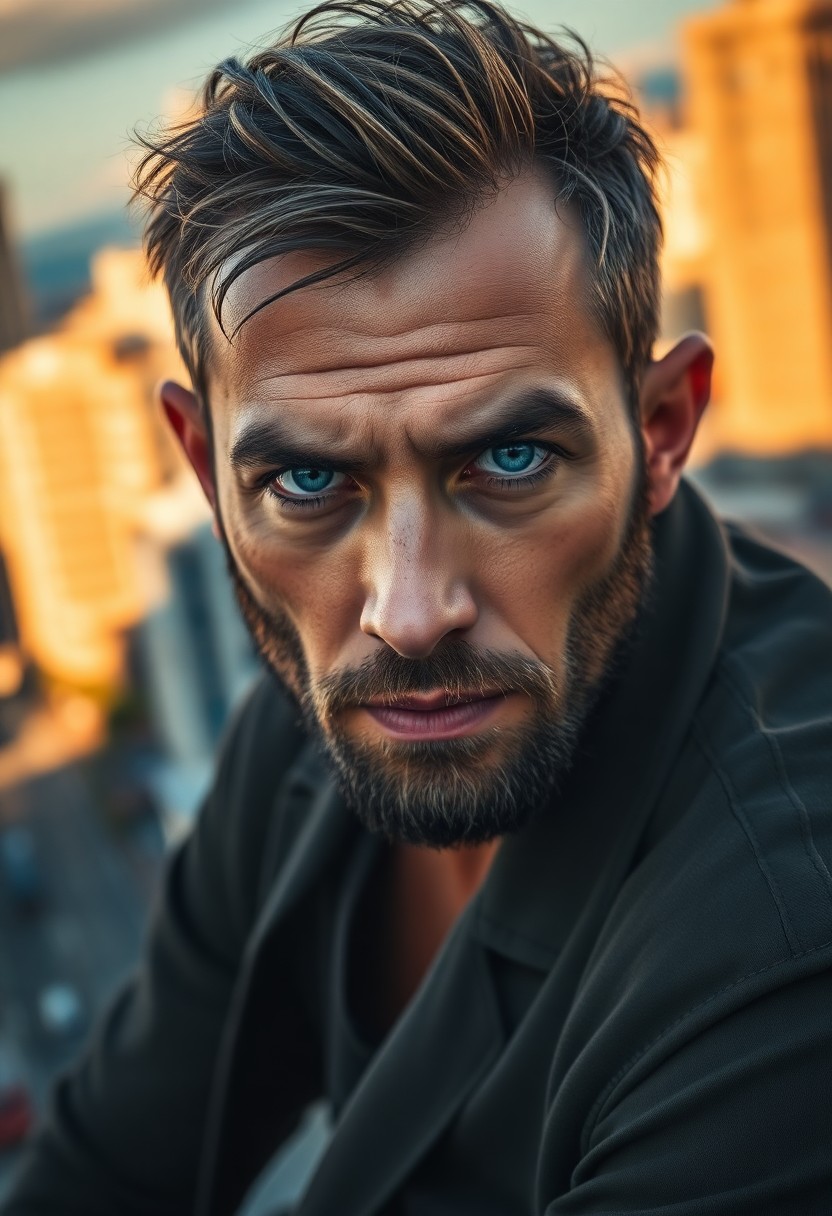 AI generated art for prompt: A captivating portrait captures an enigmatic figure with mesmerizing hazy blue eyes and a rugged cou