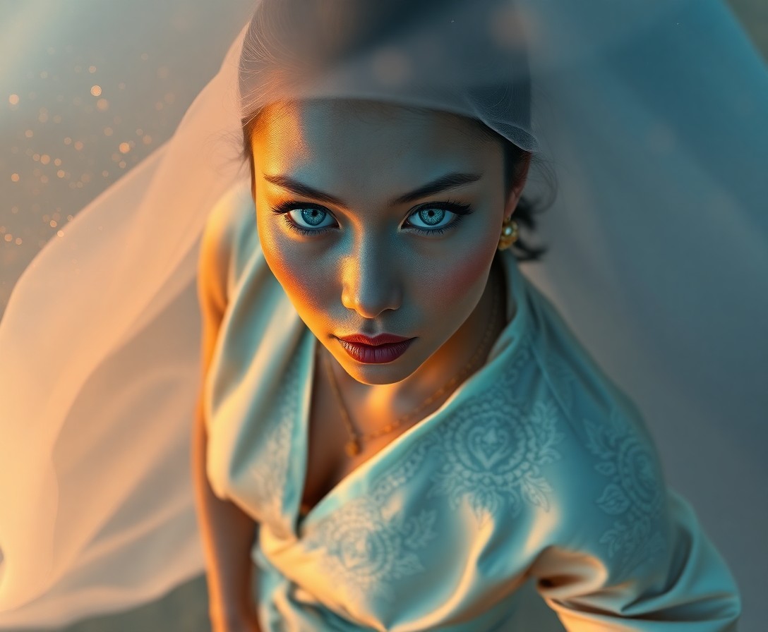 AI generated art for prompt: A captivating hyperrealistic portrait showcases a Polynesian woman with mesmerizing silver-blue eyes