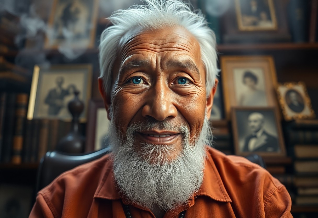 AI generated art for prompt: Imagine a captivating digital portrait of an esteemed elderly Pacific Islander man with striking blu