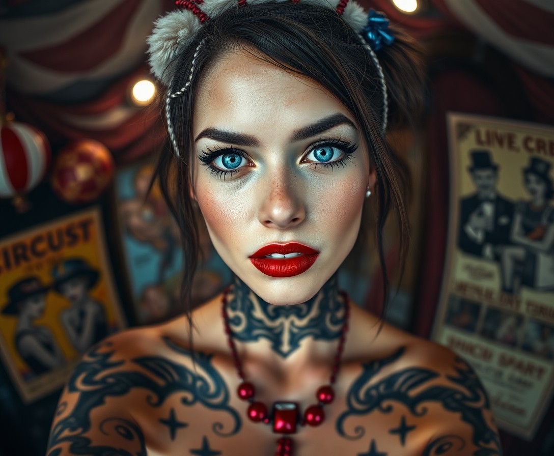 AI generated art for prompt: Craft a photorealistic portrait of a captivating circus performer with striking blue eyes accentuate