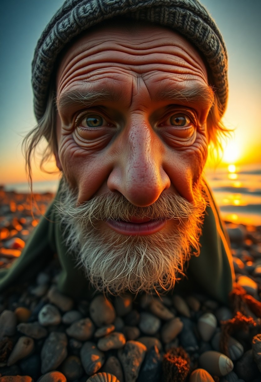 AI generated art for prompt: Craft a photorealistic portrait of an aged fisherman with weathered skin and piercing oceanic eyes, 